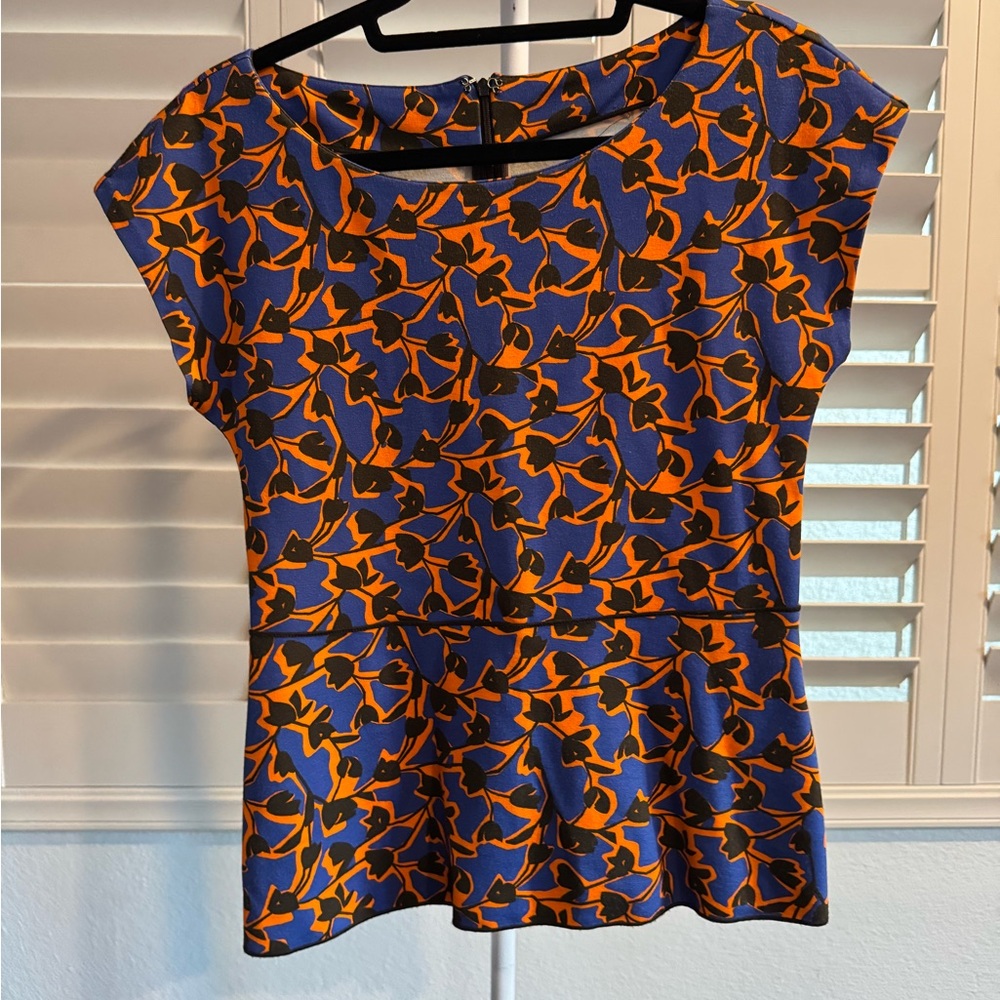 Orange and Blue Cap Sleeve Peplum Blouse